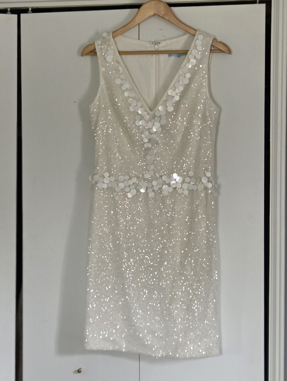 Sleeveless Ivory Sequin Mini Dress with Disc Embellishments